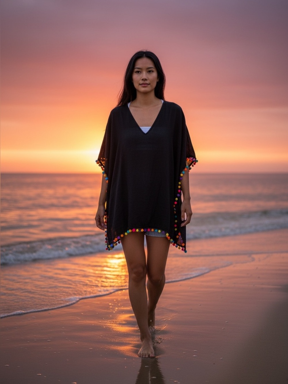 SHEIN Black Cover-Up with Multicolor Pom Poms